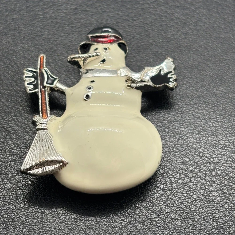 Vintage Snowman Brooch Enamel Christmas Holiday Pin Silver Tone Broom 1.75in